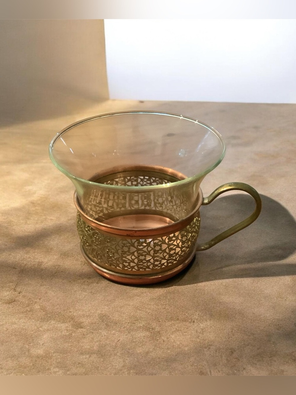 Vintage German Brass and Glass Decorative Tea Cup - Gold Accent